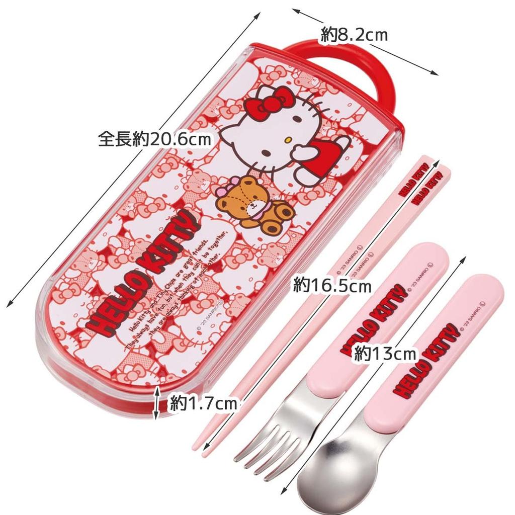 Skater Lunch Box Trio Set Hello For Made in Chopsticks, Spoon, Fork, Kitty, Ushirou-shiro, Sanrio, Children, Antibacterial, Easy-to-open Slide-type,