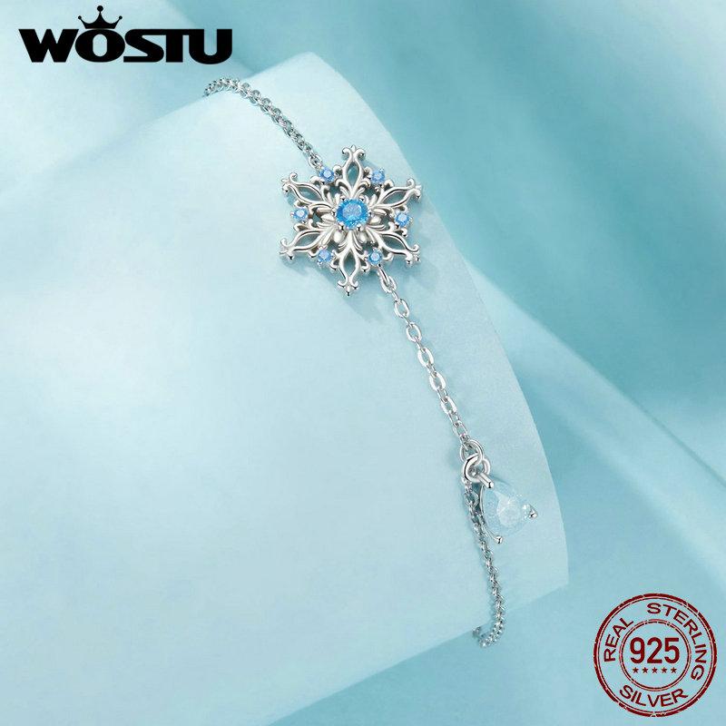 WOSTU Pulseira Floco de Neve Prata de Lei 925 Elo Cadeia Flor de Gelo Banhada a Platina para Mulheres Joias