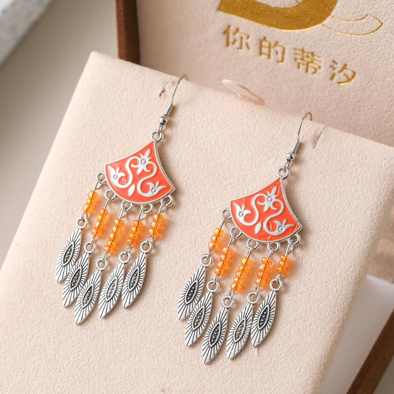 Classical Ethnic Drop Glaze Geometric Earrings for Women Vintage Texture Beaded Dangle Earring Daily Vacation Jewelry