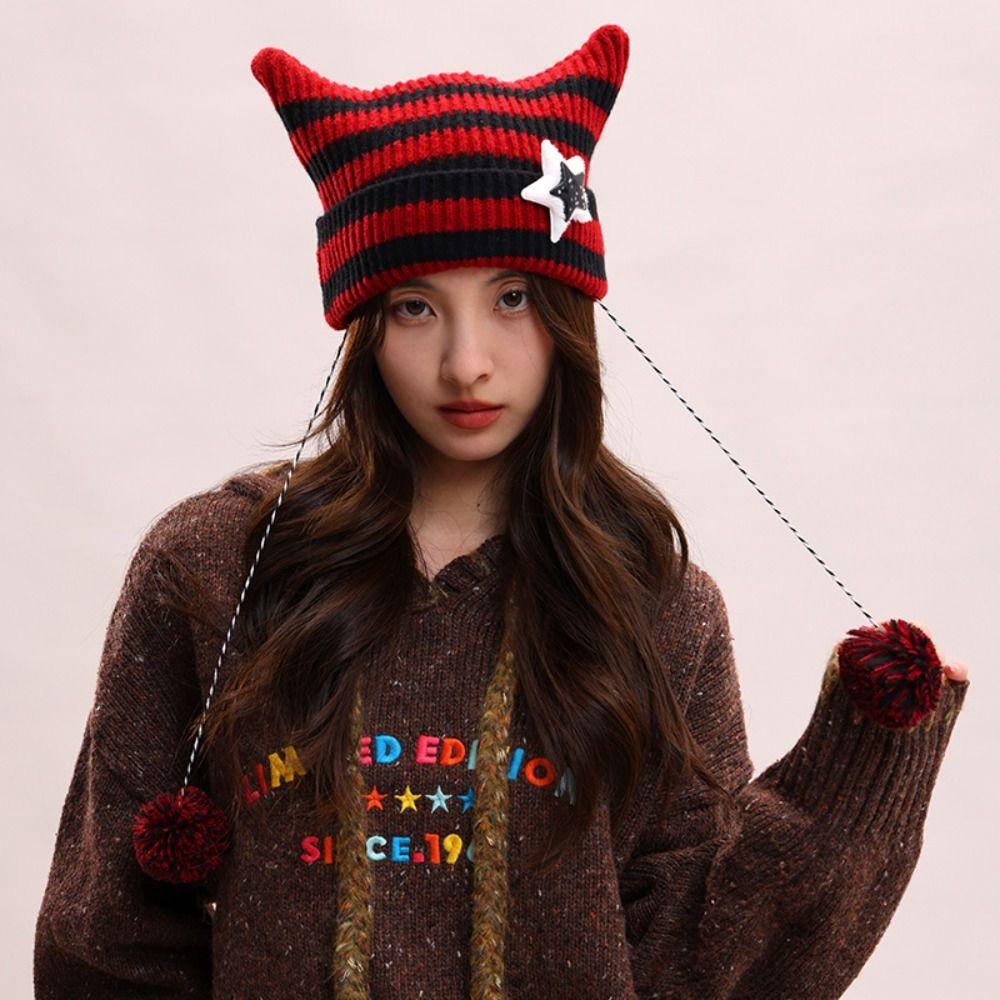 Y2K Cat's Ears Knitted Hat Star Warm Cap Fashion Slouchy Knitted Beanies Cycling