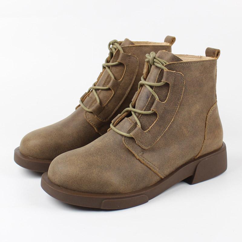Fashion Cowhide Women's Ankle Boots Flat Leather Vintage Leather Shoes Winter Ankle Boots Heavy-bottomed Platform lacing