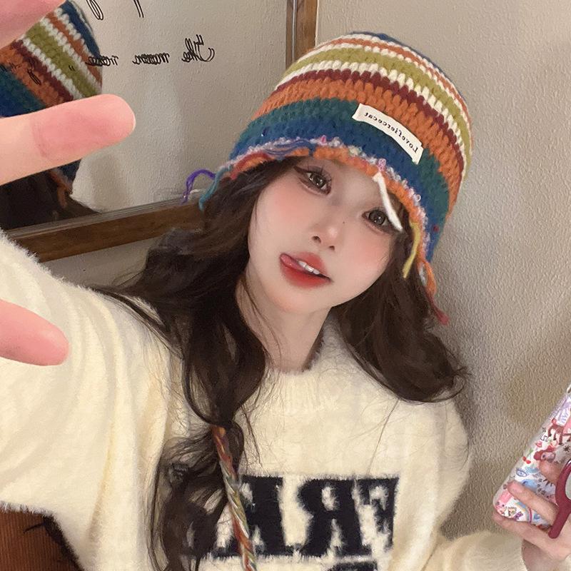 Retro Dopamine Colored Wool Hat Autumn and Winter Warm Knitted Hat Striped Korean Version Versatile Pile Hat Ear Protection Basin Hat