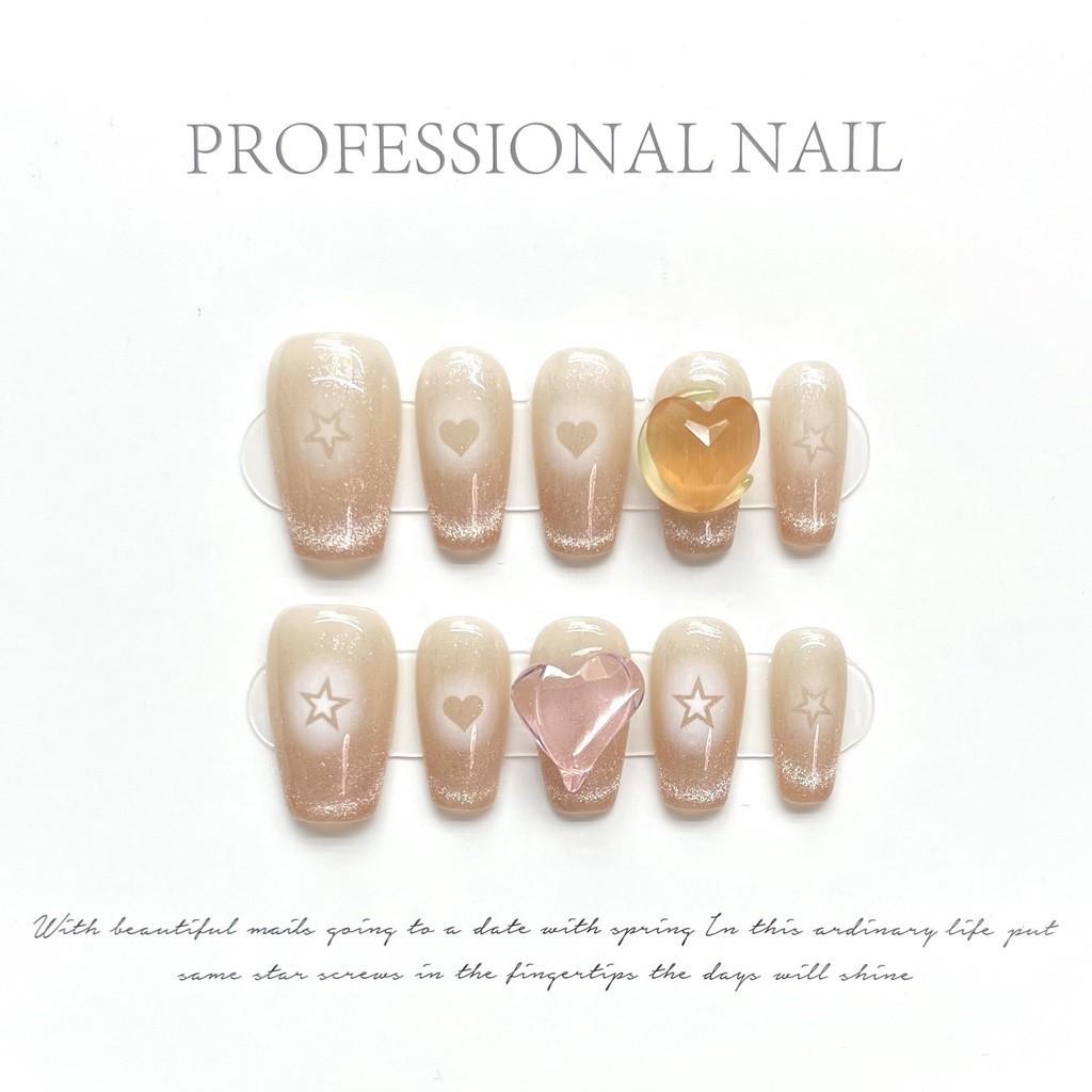 

100% РУЧНАЯ РАБОТА Набор накладных ногтей средней формы в форме гроба с клеем Sweetheart Y2K Sweet Cool Cat Eye French Star Полый цвет Симпатичный пресс на ногтях Многоразовые XS