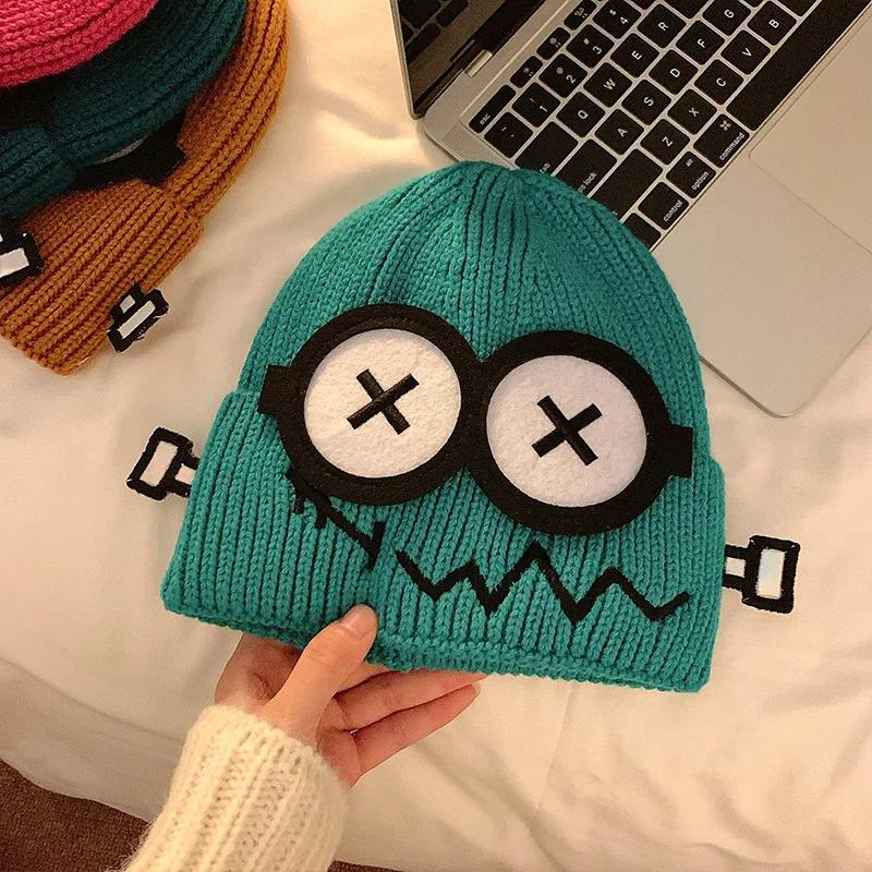 Cute Cartoon Candy Color Kpop Beanie Women'S Big Eyes Smile Skull Cap Winter Warm Knitted Streetwear Fashion Student Hat