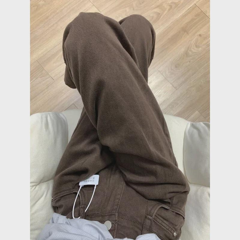 Women's High-Waisted Dark Brown Wide-Leg Jeans for Autumn and Winter - Loose, Casual, Straight, Floor-Length Pants