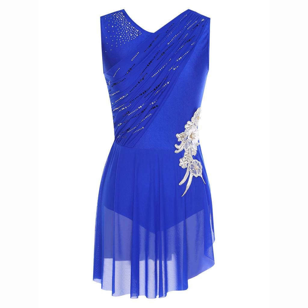 Womens Lyrical Dance Dress Sleeveless Ruched Mesh Overlay Shiny Rhinestones Side Slit Ice Skating Costume