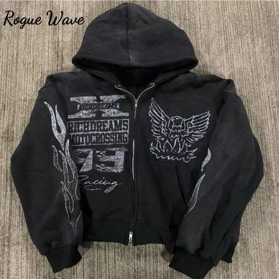 RogueWave Europäische und Amerikanische Mode Lässiger Oversized Hoodie Herren Y2k Retro Anime Print Jacke Gothic Harajuku Reißverschluss Sweatshirt