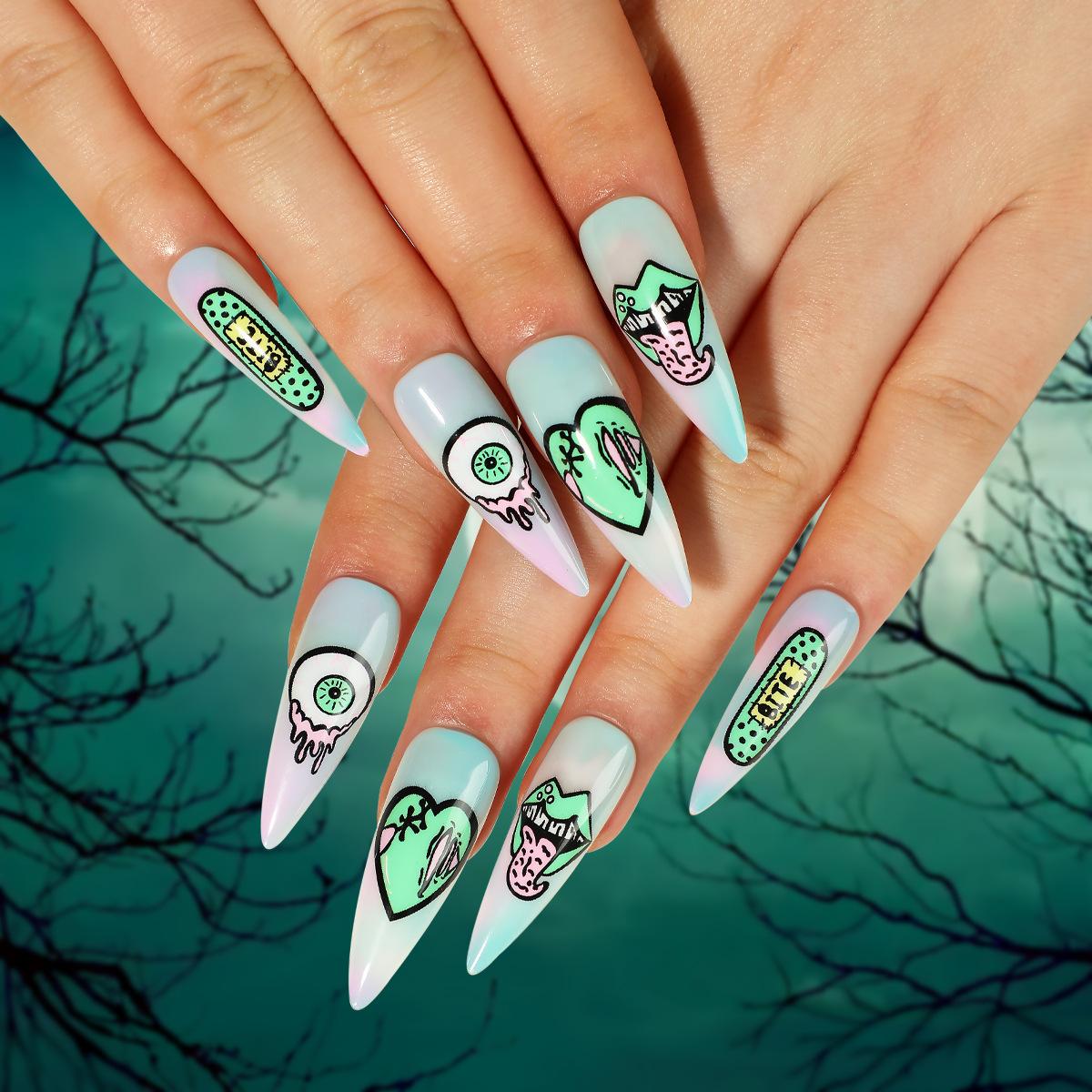 Wear the finished nail Halloween nail art starry sky smudge green love eyes lips nail art piece removable