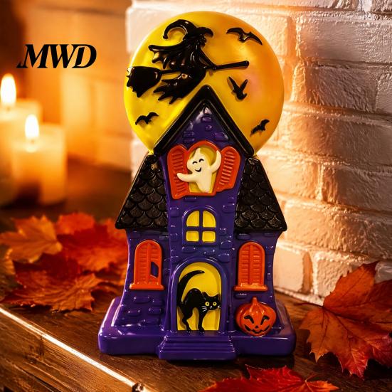 Outdoor Halloween Yard Displays Haunted House Blow Mold Light, Vintage Pre-Lit Mansion Decor with Glowing Witch Spooky Atmosphere Party Lights