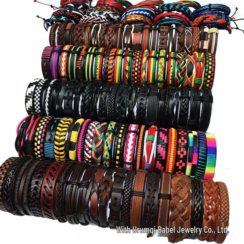 Mixed Color Handmade Braided Leather Bracelets - Set of 100 Pieces, Hot Selling with Cross-border Popularity