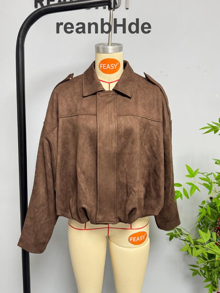 Women's Spring Autumn Faux Suede Velvet Stand Collar Zipper Button Flight Jacket Coat