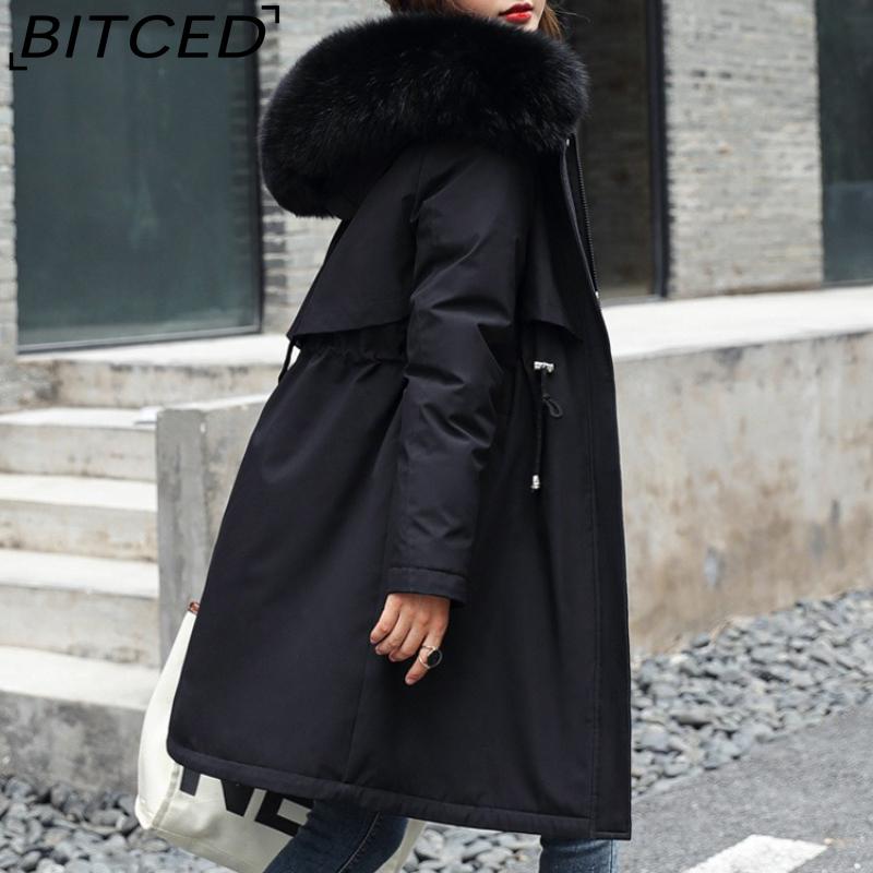BITCED Winter Women's Mid-Length Cotton Coat with Large Fur Collar and Fleece Lining