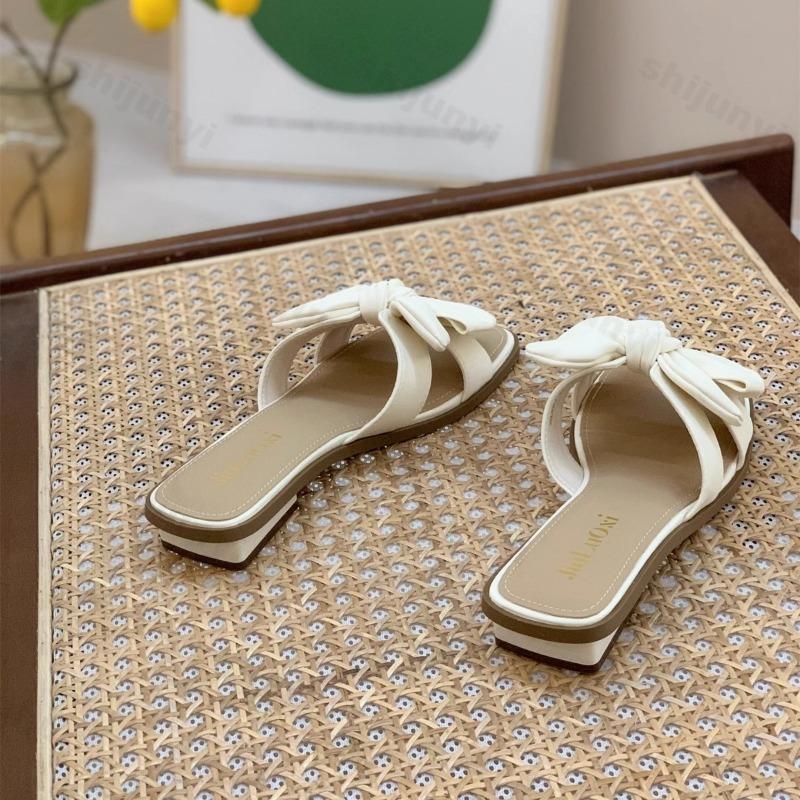 Fashion Summer Women Slippers 2025 New Square Toe Open Toe Bow Sandal Breathable Casual Solid Color Fashion Women Slippers Zapatos Mujer