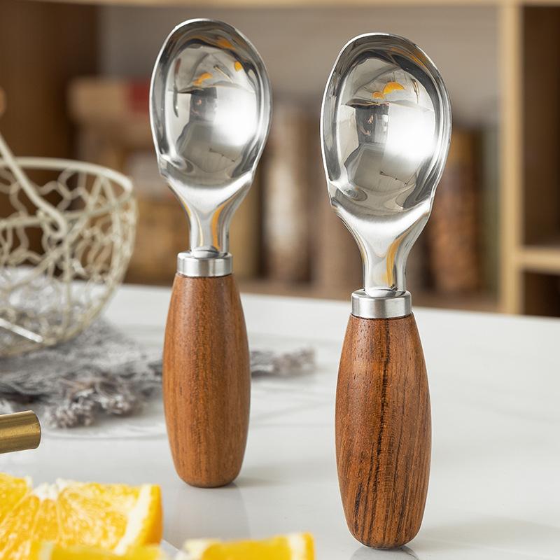 Stainless Steel Non-stick Ice Cream Spoons with Wood Handled Spade Ice Cream Digging Spoon Fruit Ball Making Tool