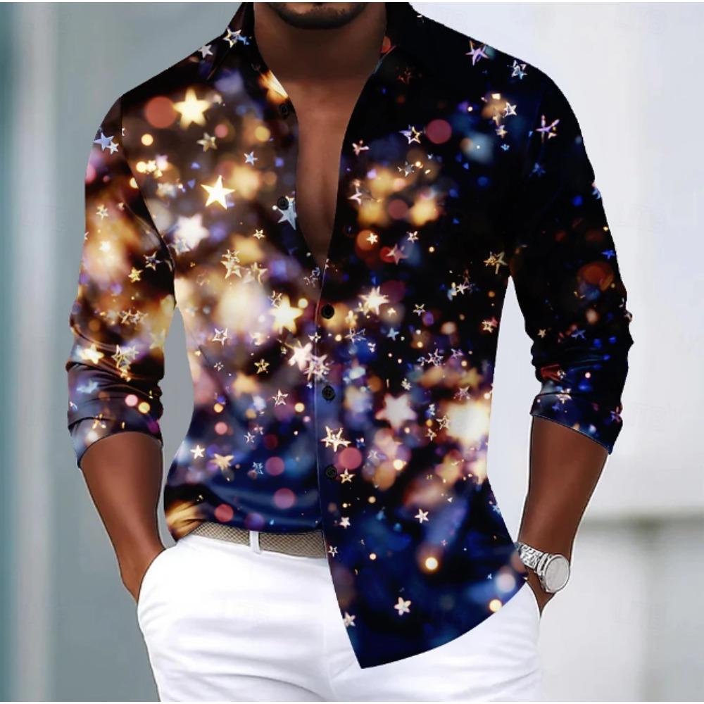 Men's Shining Pattern Printed Long Sleeve Shirts Casual Cardigan New Button Holiday Fashion Shirts