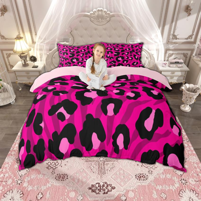 Homewish Girls Hot Pink Duvet Cover Set 2pcs/3pcs, Zebra Leopard Print Bedding, Cheetah Printed Quilt Cover Set