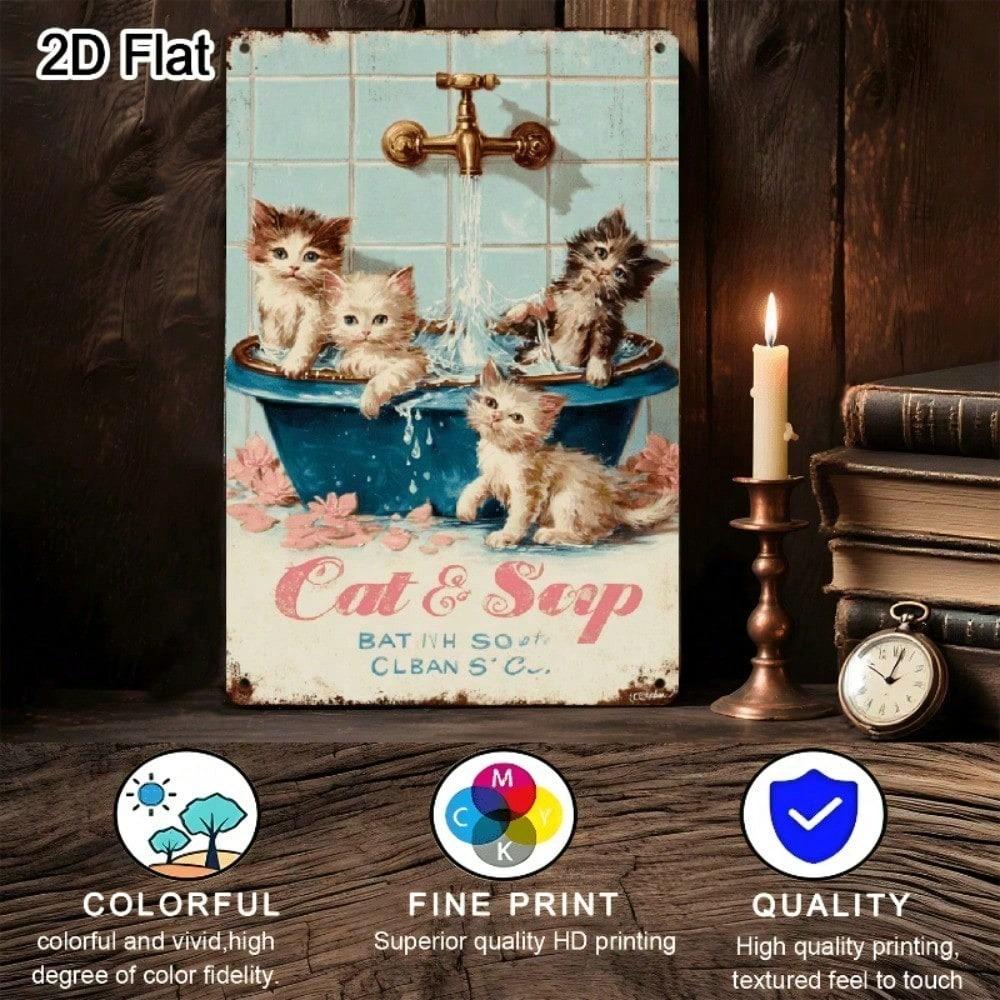 Vintage Retro Metal Tin Sign 8x12 Cute Kittens In Bathtub Funny Cat Bathroom Wall Art Durable 2D Flat Iron Home Decor