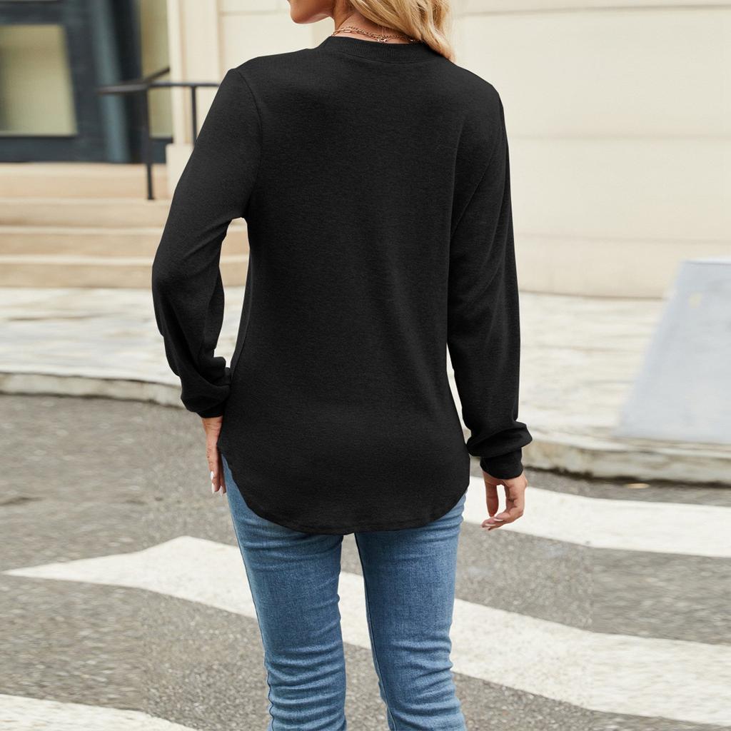 Femei moda casual culoare solidă față plisată guler rotund mânecă lungă pulover lejer top