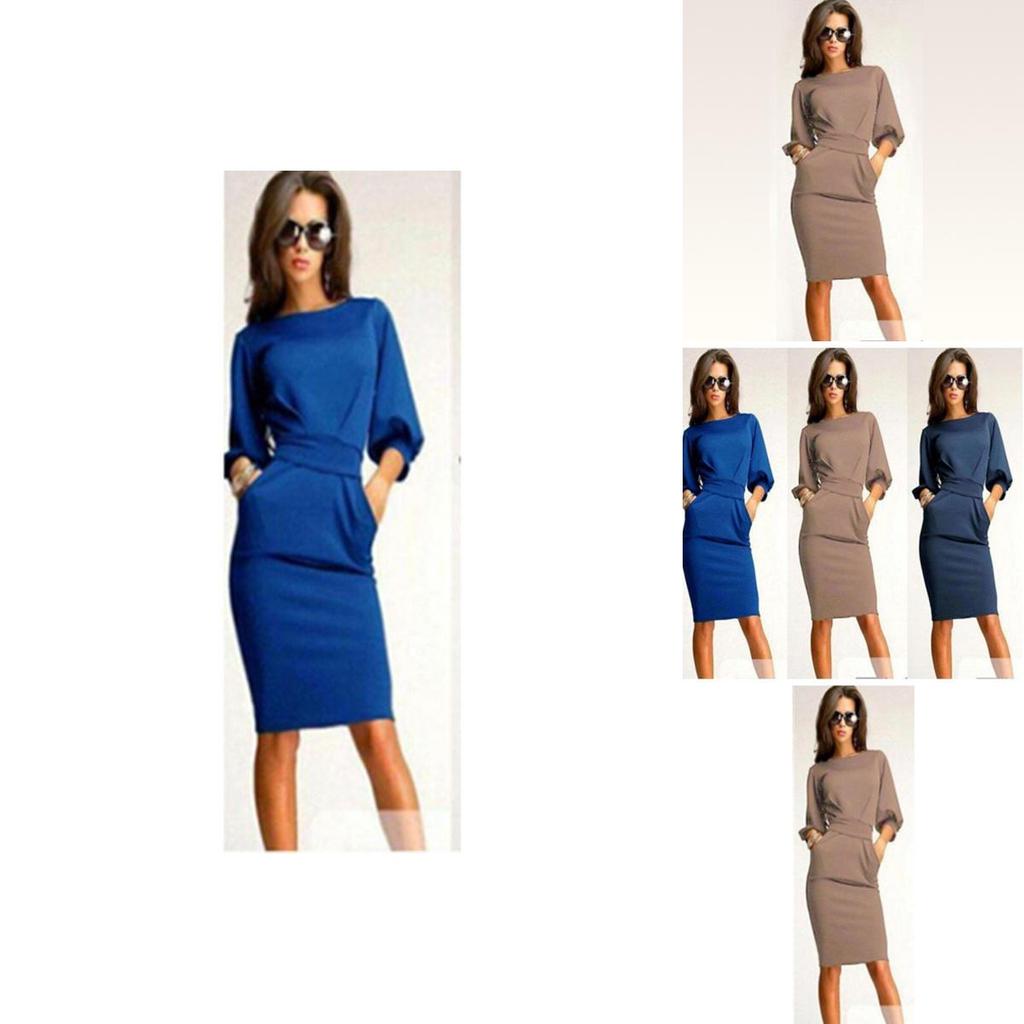 Elegant Women Fashion Sexy Fifth Sleeve Round Neck Pocket Bodycon Cocktail Dress