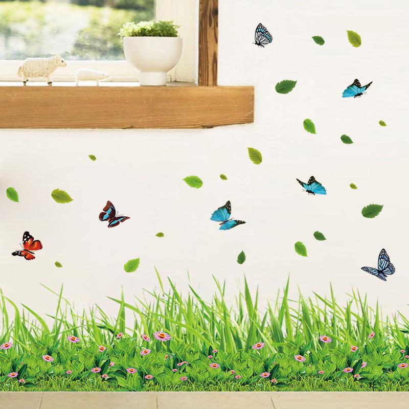 Green Butterfly Floral Wall Sticker Skirting Board Decal for Living Room Bedroom Home Decoration