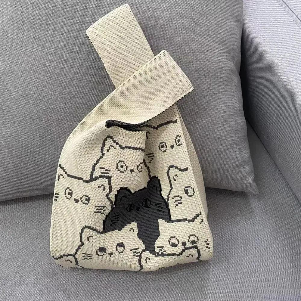 Cat Knit Handbag Casual Handmade Knit Shopping Bags High-capacity Knot Wrist Bag Girls