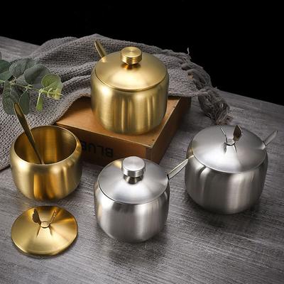 Zuckerdose aus Edelstahl mit Löffeldeckel, Aufbewahrungsglas mit großer Kapazität, langlebig, Gold, Silber, kleiner Gewürzbehälter