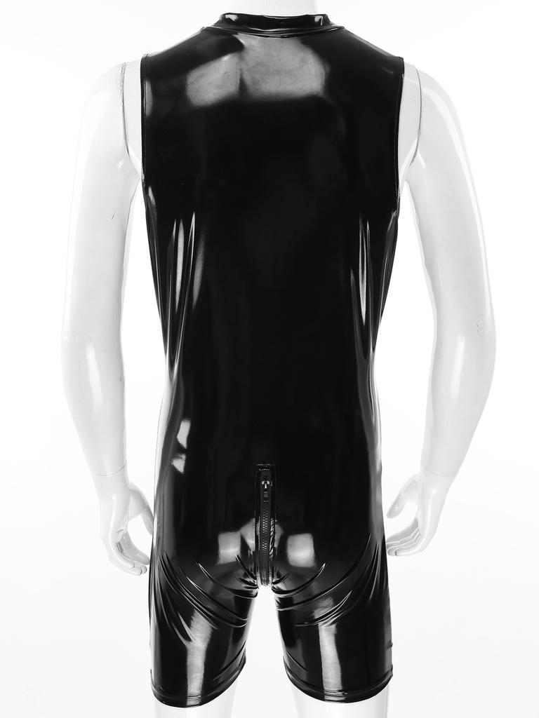 Men's Wet Look Patent Leather Bodysuit Long Sleeve Zipper Jumpsuit Catsuit Clubwear