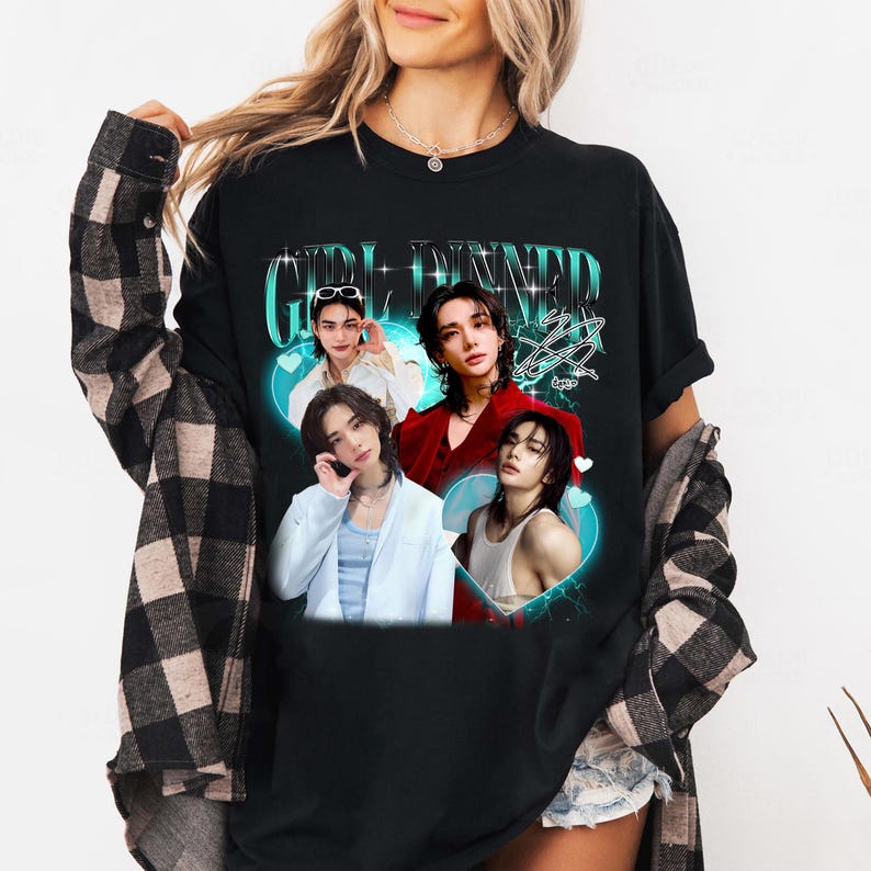 T-shirt Girl Dinner Hyunjin Stray Kids, Maglietta Vintage Omaggio ai Fan Uomo Donna Hip Hop Streetwear T-shirt Oversize Manica Corta Abbigliamento Casual