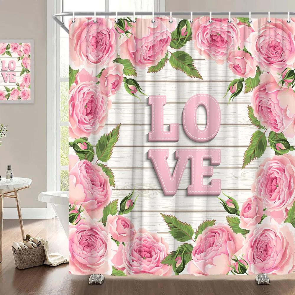 Alla hjärtans dag Duschdraperi, Rosblomma Hjärta Romantisk Växt Kärlek Läppstift Polyester Tryckt Tyg Badrumsdekoration