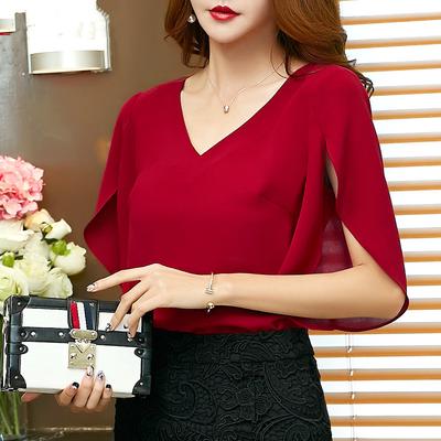 Chiffon Blouse Women Top Solid Color O Neck Loose Pullover Batwing Sleeve Ruffle Shirts Blouse
