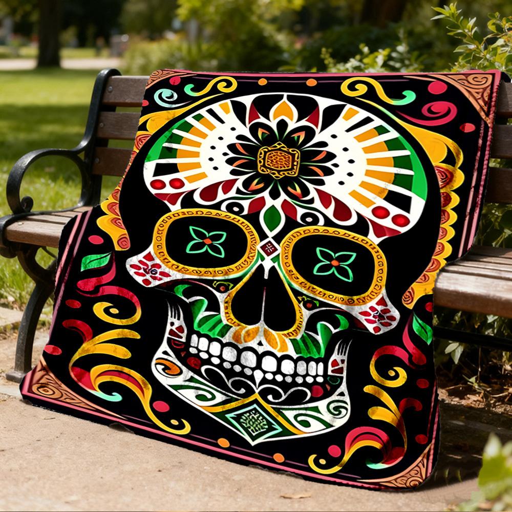 1pc Sugar Skull Artwork Print Outdoor Blanket, Lightweight Polyester,
