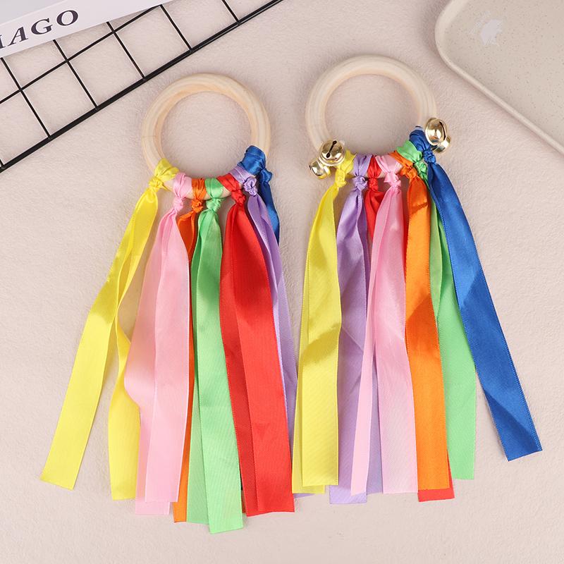 Colorful Ribbon Dance Props Rainbow Silk Wooden Ring Bells Hand-Shaken Bells For Kindergartens