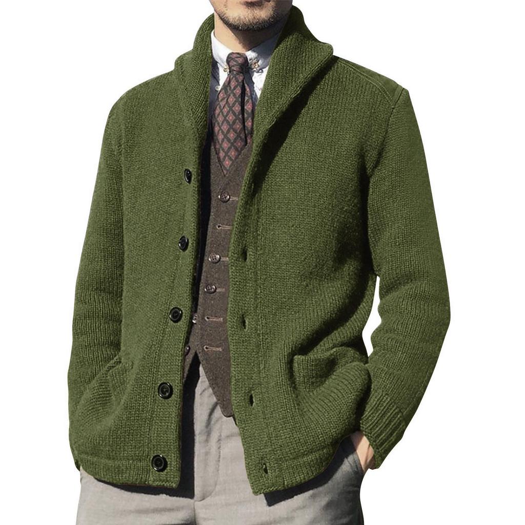 Men's Lapel Solid Color Knit Cardigan Sweater - Casual Autumn/Winter Outerwear