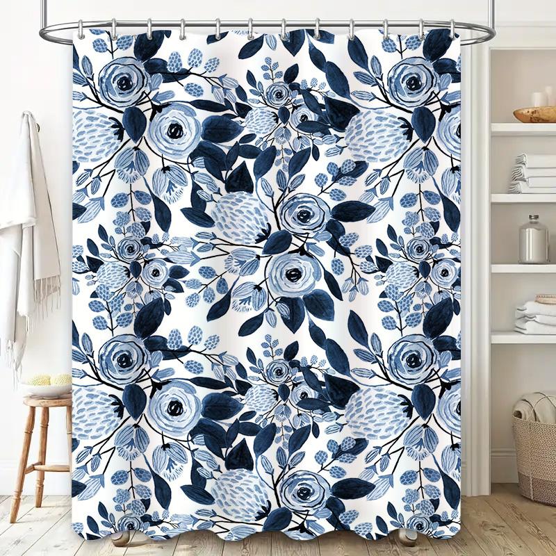 Blue White Floral Shower Curtain Modern Bathroom Decor for Home Decoration Long Lasting Waterproof Fabric with Eyelet Rings Perf
