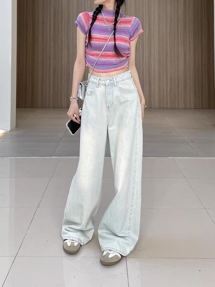 

90-е годы Новые прямые ретро светло-голубые джинсы женские американские элегантные свободные брюки с высокой талией уличная мода широкие брюки летние XL светло-синий