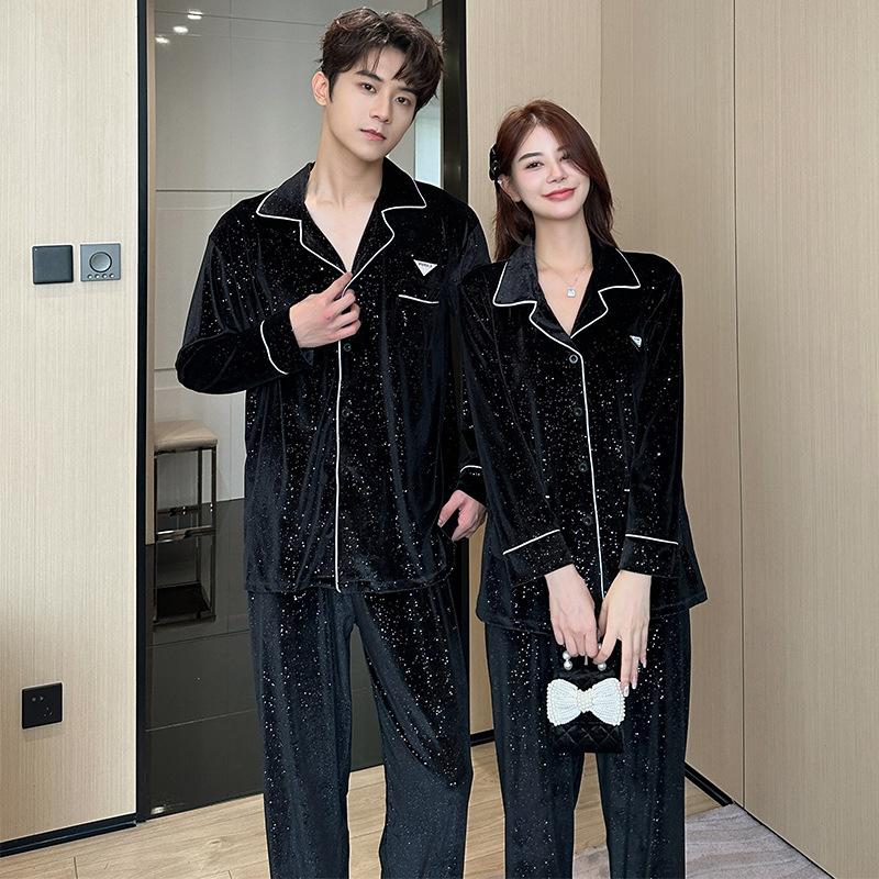 Golden velvet pajamas for women, couples, men's long-sleeved cardigan, premium new Korean version, popular loungewear can be worn outside