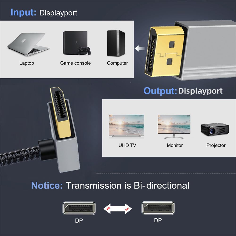 NFHK 2M Abgewinkelt DisplayPort DP zu DP 4K Silber Ultra HD UHD 90 für und Grafikkarten Kabel, 60Hz, Gesleevt, Grad, Desktops, Laptops, Monitore,