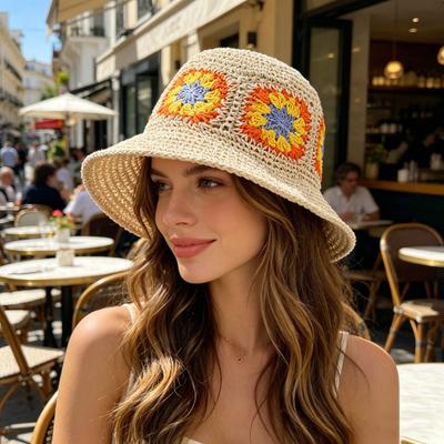 Straw Hat Bohemian Floral Pattern Foldable Beach Hat Wide Brim Hollow Design Bucket Hat Breathable Summer Accessory