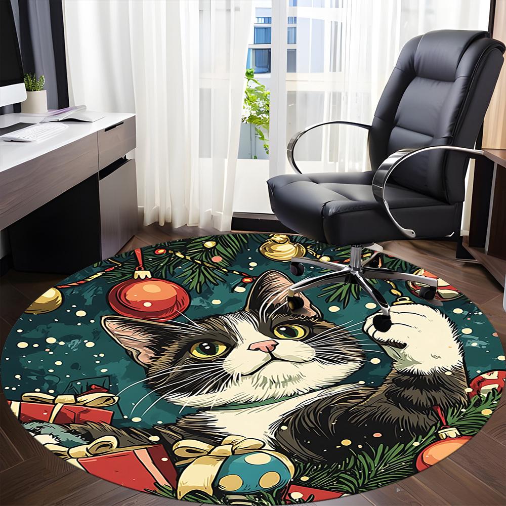 1pc Christmas Cat Decorations Carpet for Office Non Slip, Round Carpet, Soft & Comfortable, Carpet for Office, Lightweight Round Floor Mat