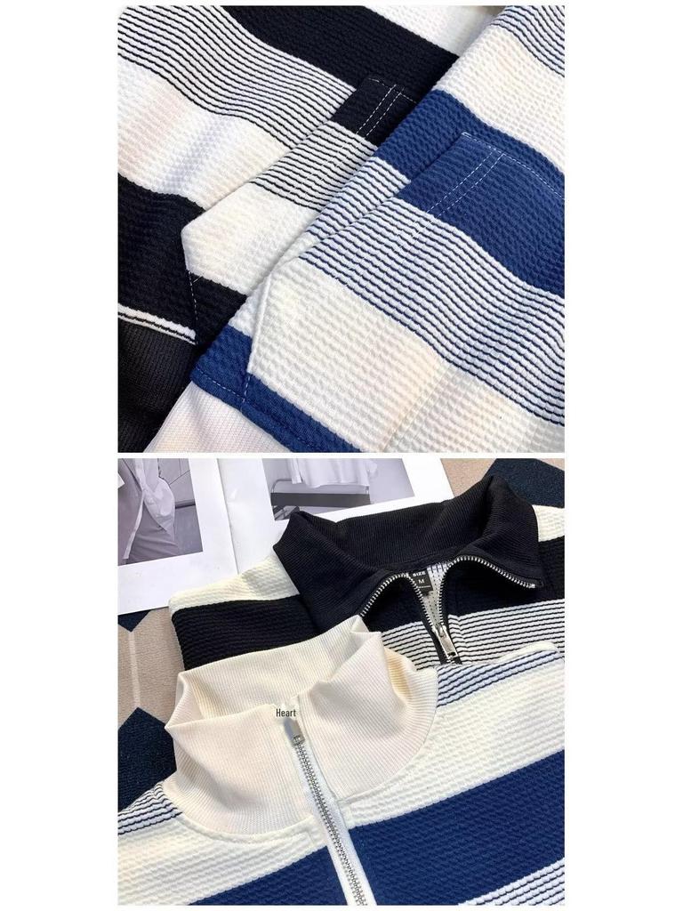 Unisex Retro Gestreifte Oversize Langarmjacke mit halbem Reißverschluss für Herbst & Winter