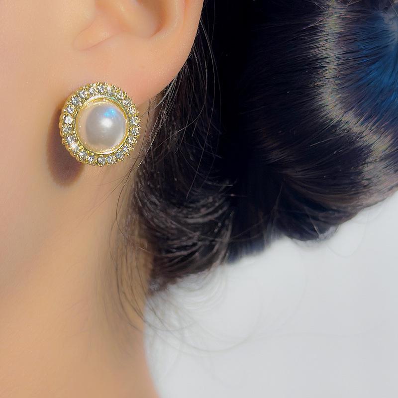 Sterling Silver Needle Korean Minimalist Diamond Pearl Stud Earrings