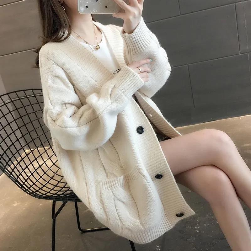 

Свитер-кардиган женский весенне-осенний свободный вязаный свитер средней длины повседневное пальто XXL бежевый