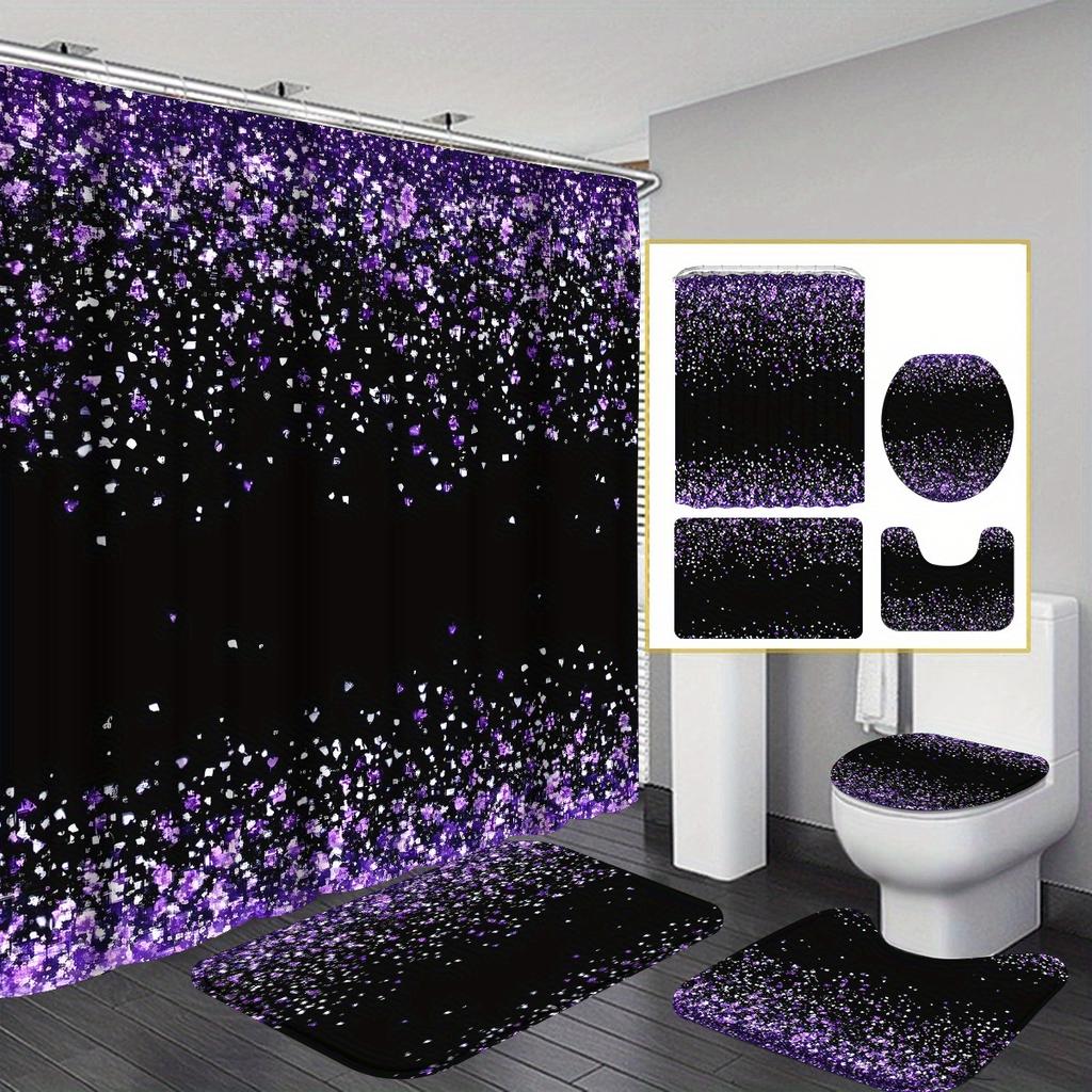 4Pcs Black And Purple Shower Curtain Set with Non-Slip Bath Mat, Toilet Lid Cover, Contour Rug & 12 Hooks, Bathroom Decor