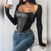 Hot Selling Ins Fashion Fall Women's Clothing Long Sleeves Sexy PU Leather Chest Wrap Set Diamond Fishbone Corset Mesh Tops