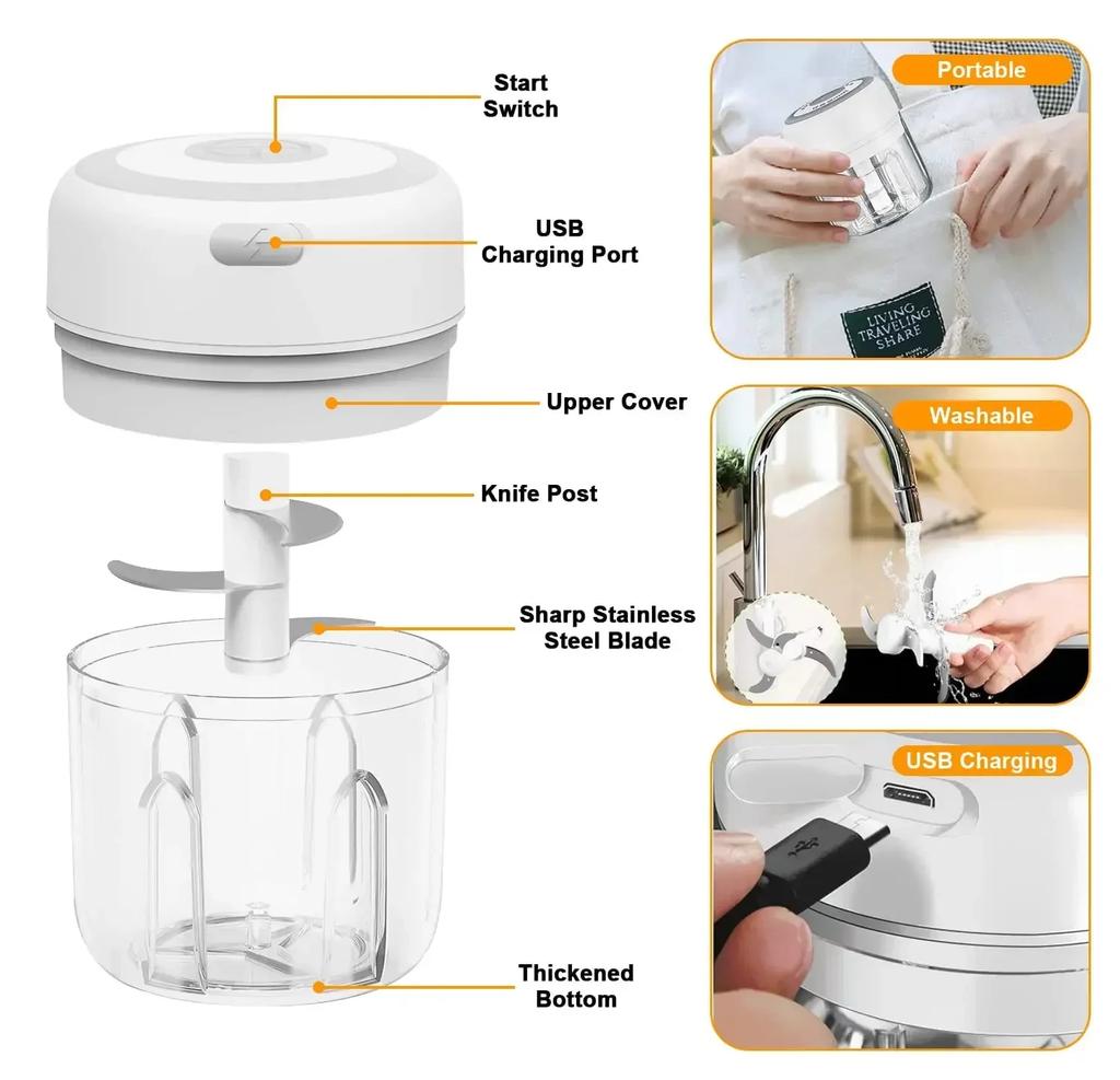 Portable Wireless Electric Garlic Masher Meat Grinder Mincer For Vegetables Chili Food Processor 250ml Capacity