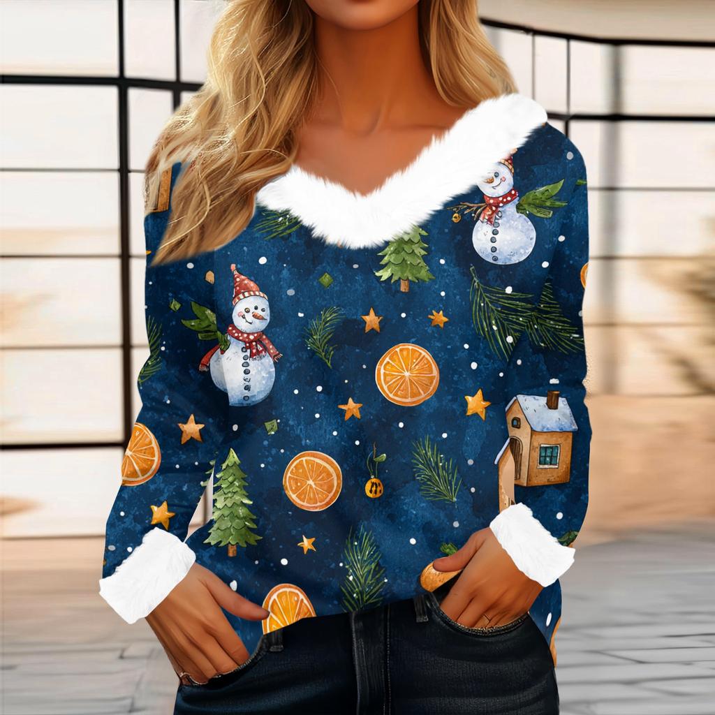 Women's Casual Fashion Long Sleeve Christmas Printed Flannel Collar Top