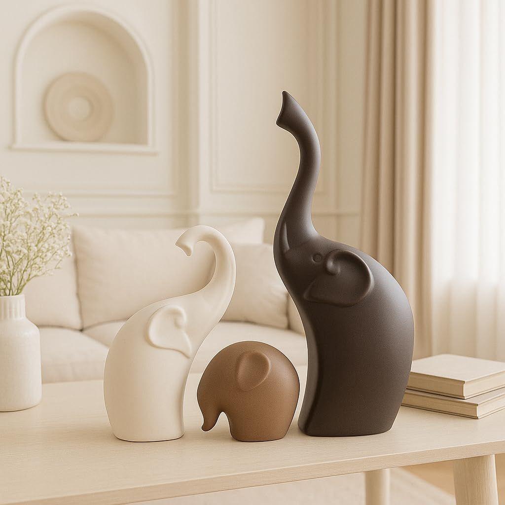 Xtore Home Decor Elephant Family Matte Finish Ceramic Figures - (Set of 3 Piece, Matte Brown)