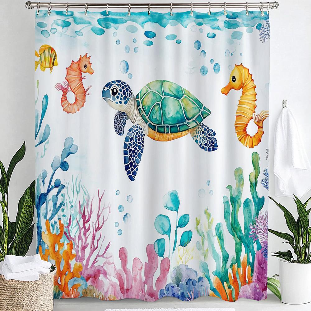 Underwater World Printed Shower Curtain With Hooks, Dolphin Sea Turtle Fish Coral Underwater Cave Ocean Bathroom Decor Curtain