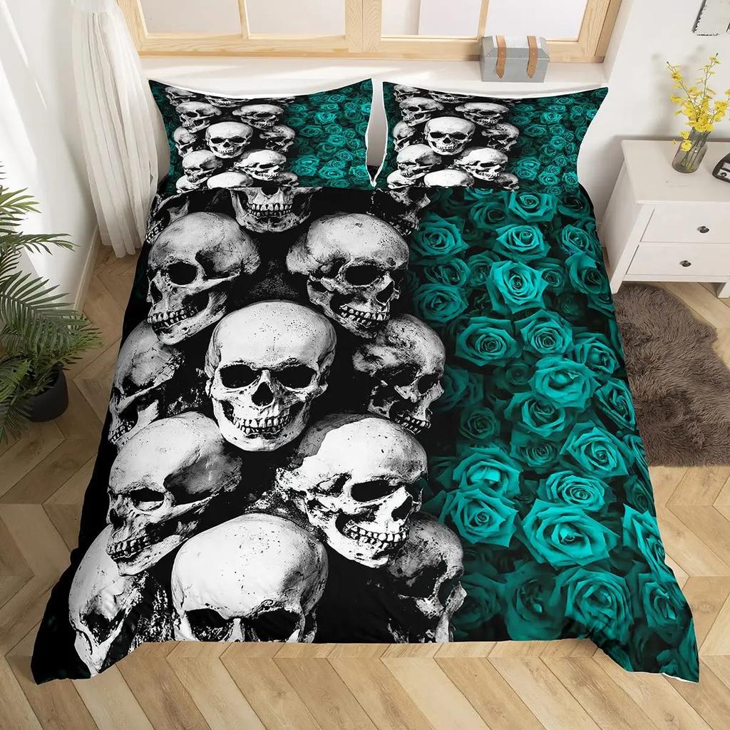 Skull Duvet Cover Set King, Skull Beauty Printed Duvet Cover Set Ride or Die Motor Bedding Set,Corner Tipes Gothic Skull Bedding