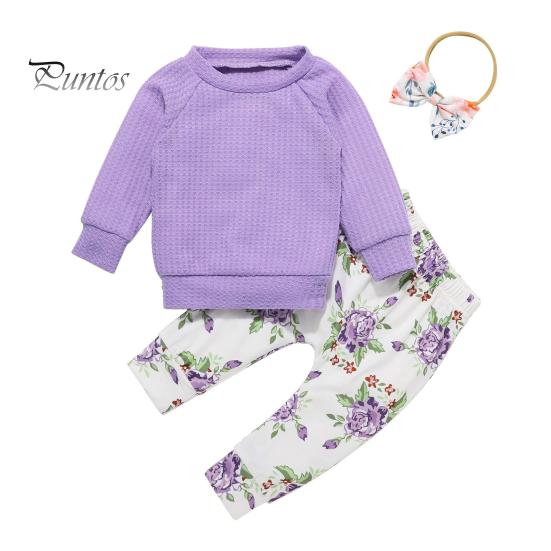 

3 шт./компл. Детский костюм из топа и брюк с бантом, повязкой на голову, цветочным принтом, круглым вырезом, длинными рукавами, эластичным поясом и брюками, наряд для различных случаев 90 cm фиолетовый